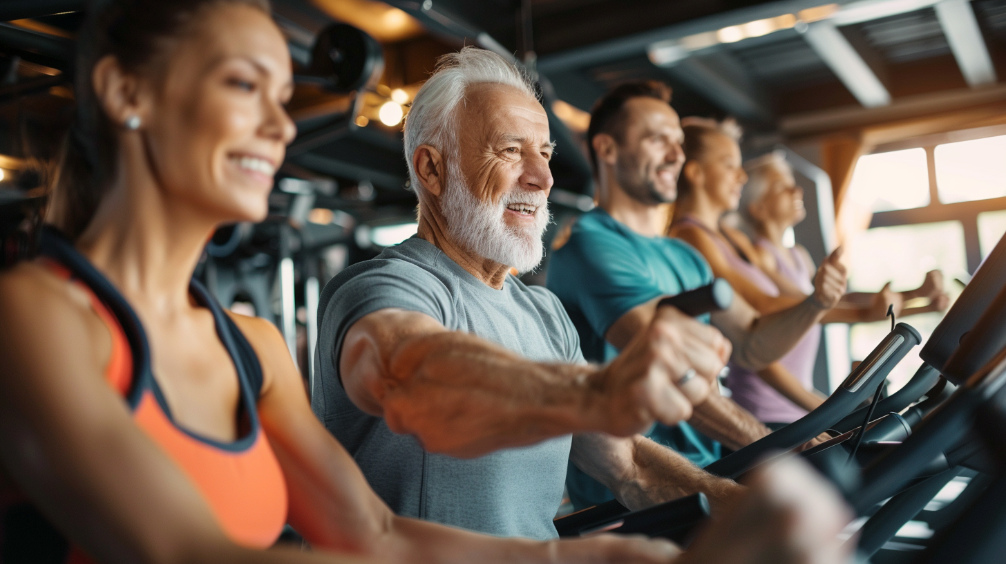 Люди різного віку займаються фітнесом в спортзалі